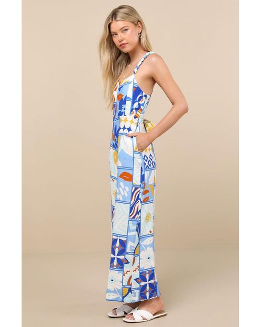 Lulus Blue Bold Extravagance Multi Print Sleeveless Wide-Leg Jumpsuit