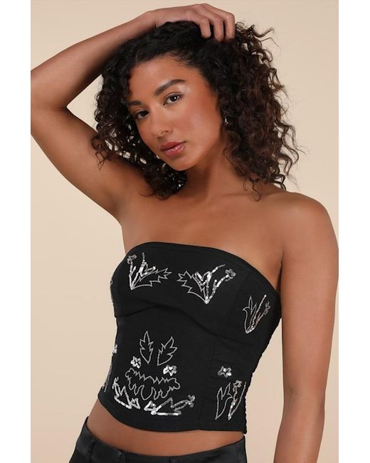 Lulus Black Suni Mesh Sequin Strapless Crop Top
