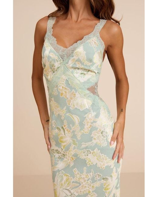 Lulus Natural Mariposa Sage Floral Satin Lace Slip Midi Dress