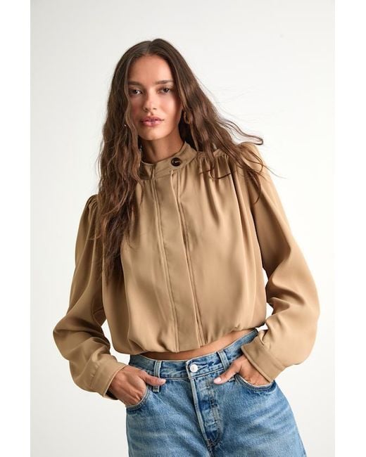 Lulus Blue Melanya Puff Sleeve Cropped Bubble-Hem Jacket