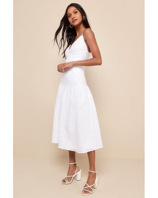 Lulus Natural Serene Charm Textured Embroidered Drop Waist Midi Dress