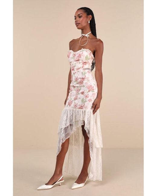 Lulus Natural Prettiest Entrance Floral Lace Strapless Maxi Dress