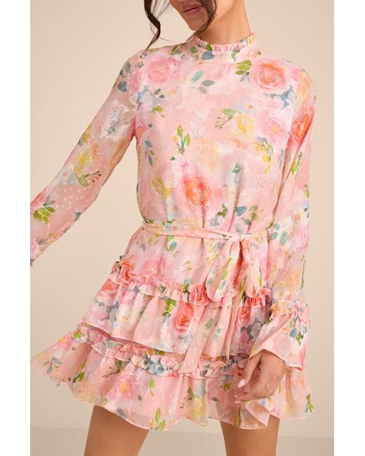 Lulus Pink Lenna Multi Floral Ruffled Mini Dress