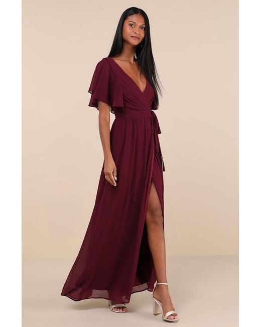 Lulus Red Convincing Grace Flutter Sleeve Wrap Maxi Dress