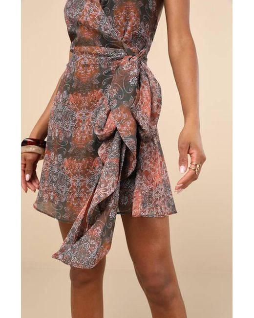 Lulus Brown Felicita Boho Print Halter Wrap Mini Dress