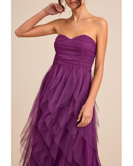 Lulus Purple Delightful Beauty Plum Mesh Strapless Ruched Ruffled Maxi Dress