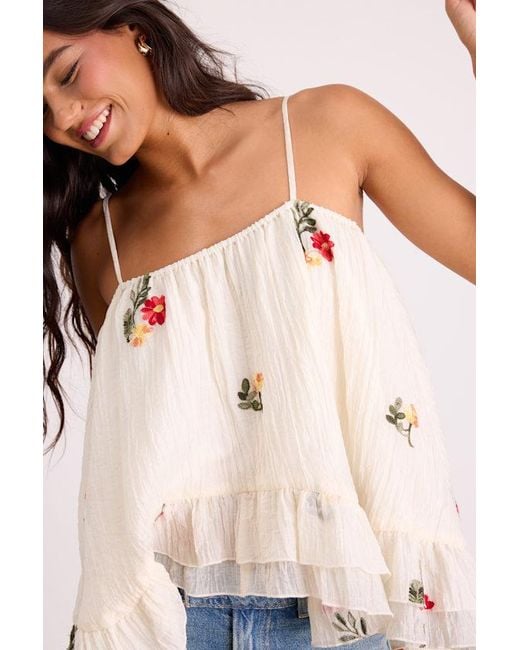 Lulus White River Cream Floral Embroidered Ruffled Tank Top
