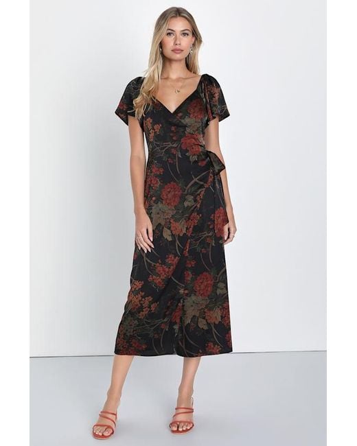 Lulus Black Subtle Elegance Floral Print Faux Wrap Midi Dress