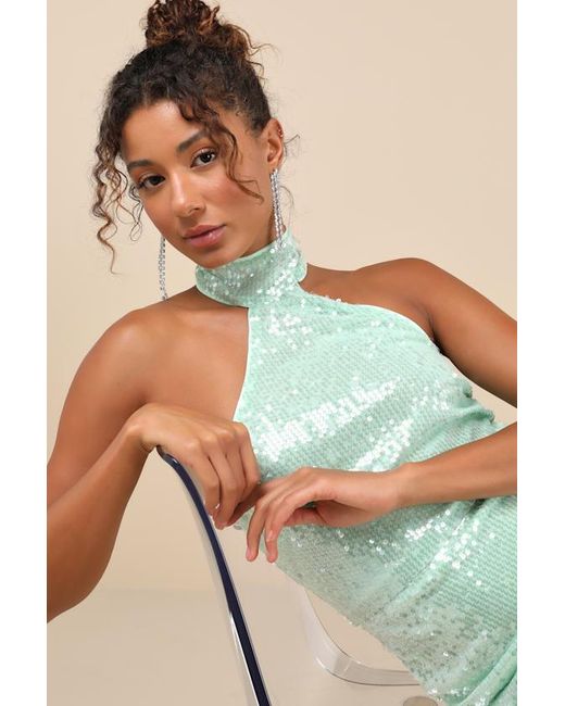 Lulus Green Sensational Purpose Mint Sequin Halter Tulip Mini Dress