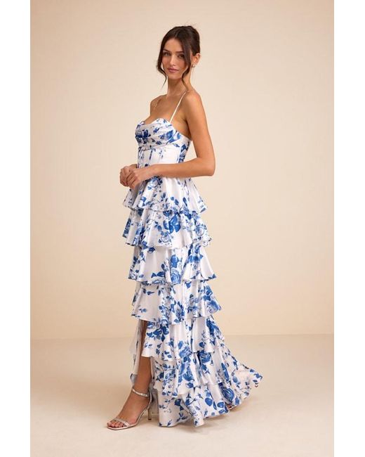Lulus Blue Arletta And Floral Satin Bustier Tiered Maxi Dress