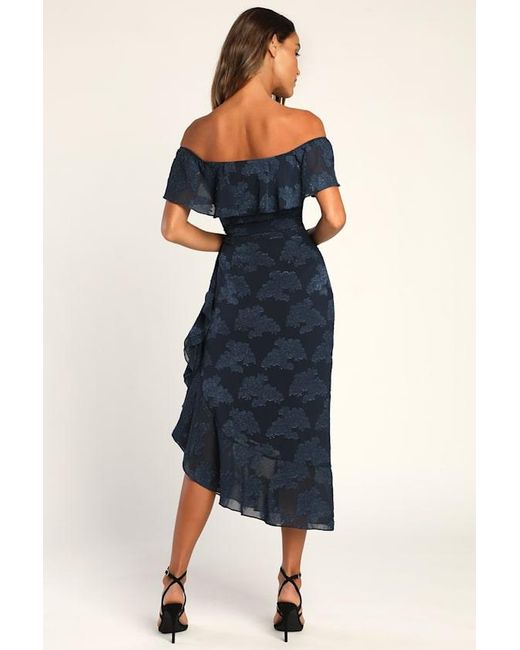 Lulus Blue Pretty Perfect Floral Burnout Off-The-Shoulder Midi Dress