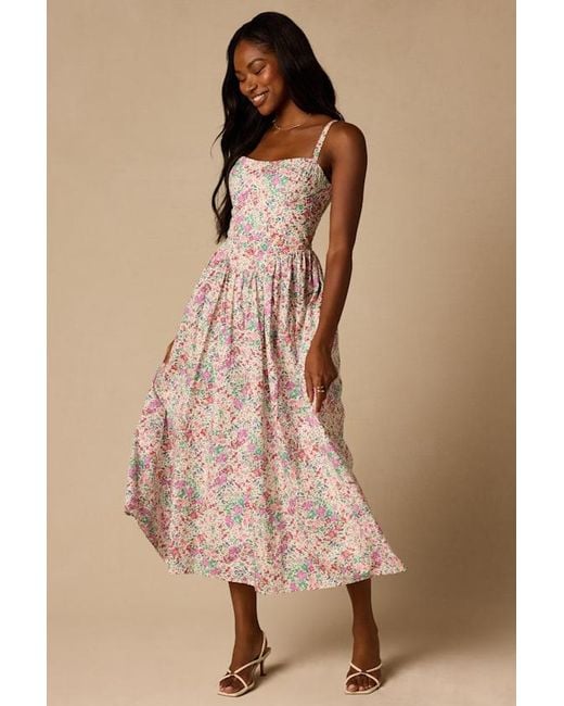 Lulus Pink Dinette Multi Floral Basque Waist Midi Dress