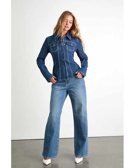 Lulus Blue Danella Dark Wash Fitted Denim Jacket