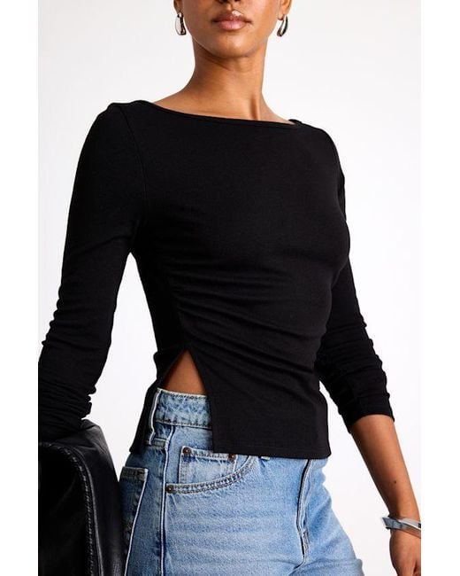Lulus Blue Mehra Boat Neck Side Slit Long Sleeve Top