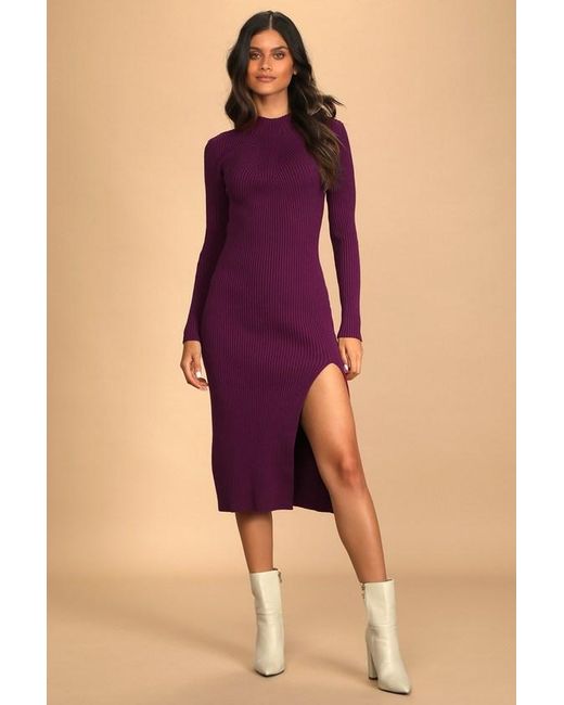 Lulus Purple Wondrous Winter Plum Ribbed Long Sleeve Bodycon Sweater Dress