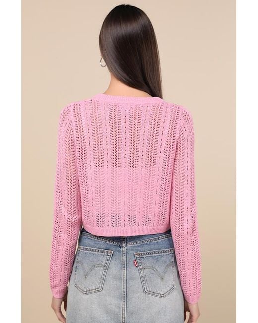 Lulus Pink Alwilda Pointelle Knit Tie-Front Cardigan Sweater Top