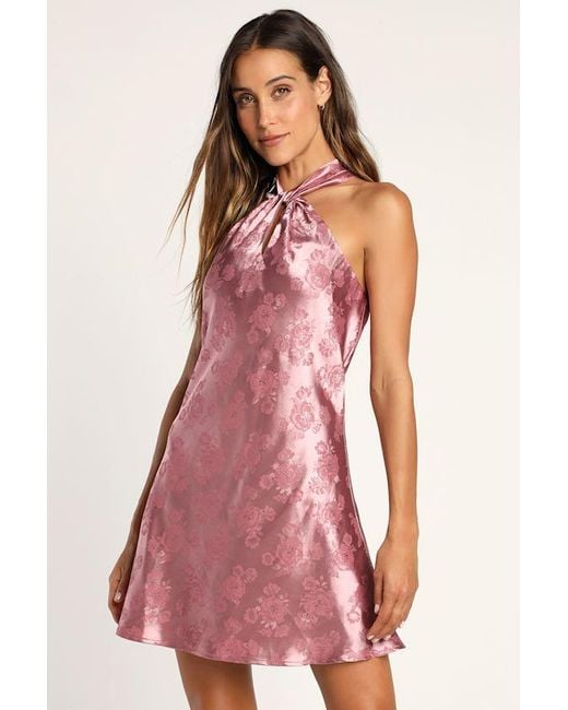 Lulus Pink Got The Key Satin Floral Jacquard Halter Mini Dress