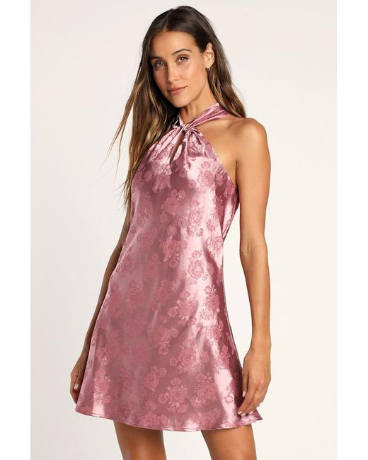 Lulus Pink Got The Key Satin Floral Jacquard Halter Mini Dress