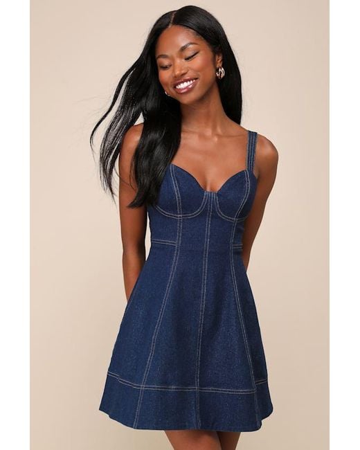 Lulus Blue Cheerful Effect Dark Wash Denim Mini Dress