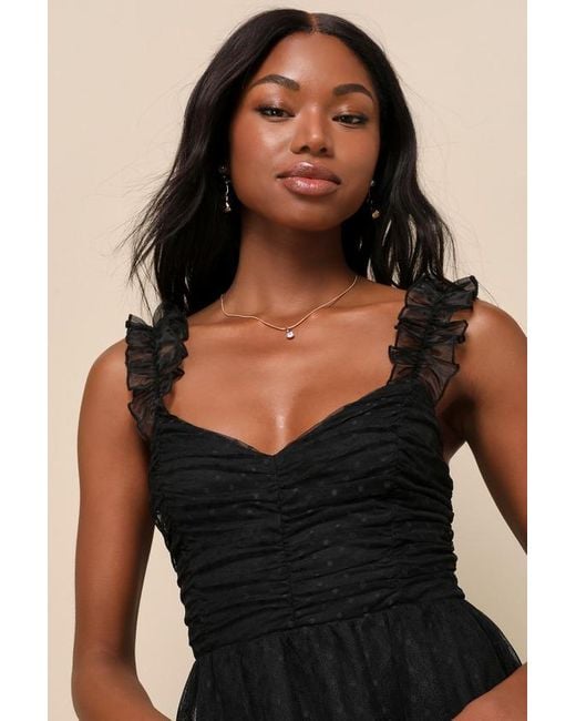 Lulus Black Forever Celebrated Swiss Dot Ruched Tulle Midi Dress