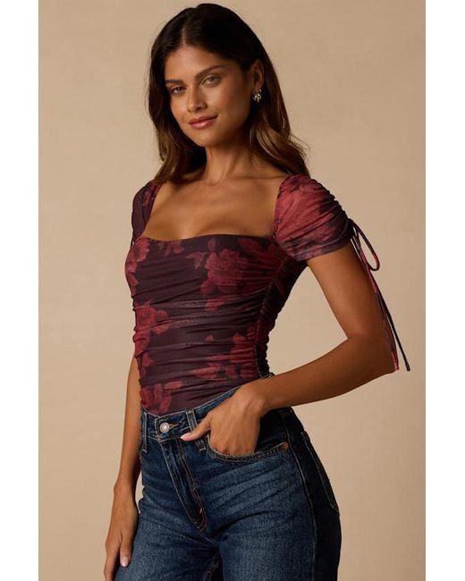 Lulus Blue Zaharina Plum Floral Mesh Ruched Short Sleeve Bodysuit