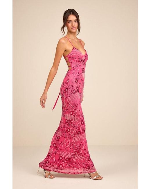 Lulus Pink Arella Beaded Sequin Laxe-Up Maxi Dress