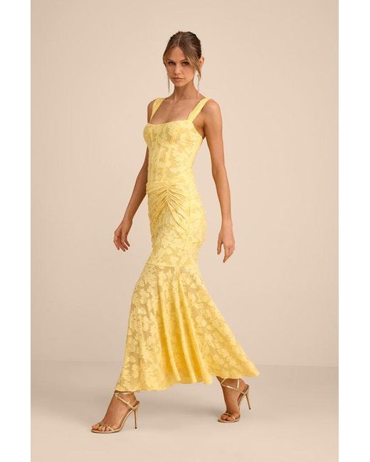 yellow floral printed dropped waist midaxi dress Buttercream Yellow Midi Floral Dress with Pockets Buttercream Floral Print / Large main image 1