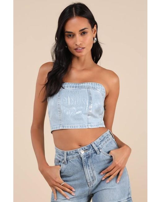 Glamorous Blue Modern Shine Light Wash Metallic Coated Denim Crop Top
