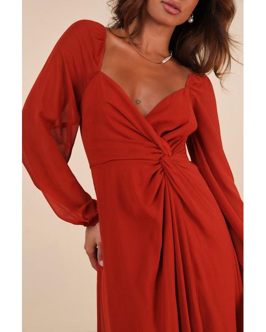 Lulus Red Composed Soiree Twist-Front Long Sleeve Maxi Dress