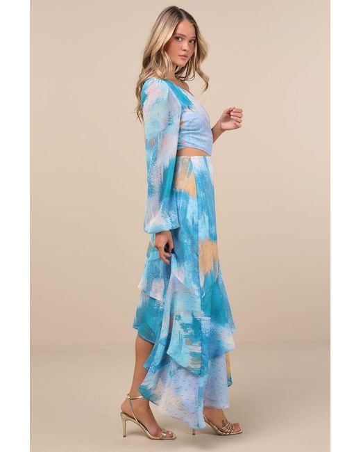 Lulus Blue Faria Multi Abstract Metallic Clip Dot Midi Dress