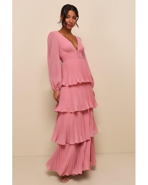 Lulus Pink Graceful Finesse Pleated Long Sleeve Maxi Dress