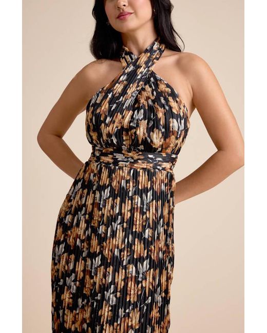 Lulus Natural Gardena Floral Pleated Cross-Front Halter Midi Dress