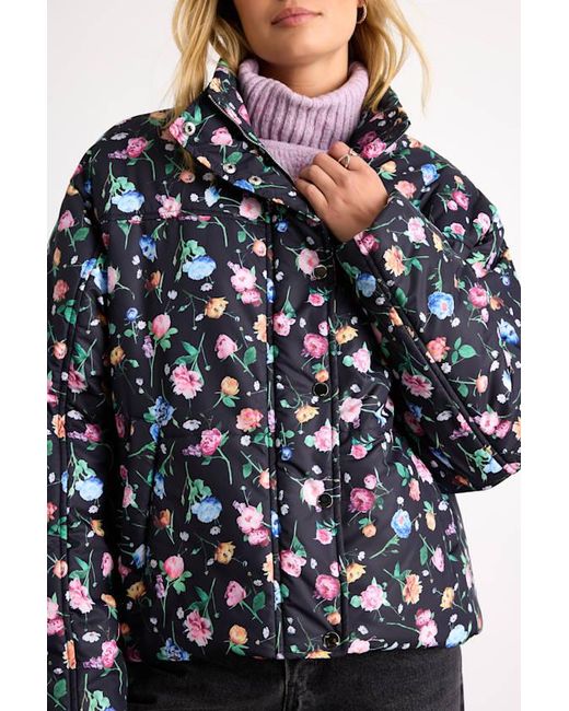 Lulus Blue Linaya Floral Zip-Front Puffer Jacket