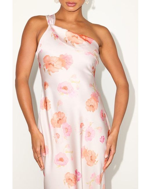Lulus White Naima Floral Satin One-Shoulder Midi Dress