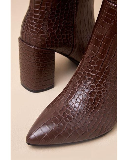 Lulus Brown Katari Espresso Croc-Embossed Pointed-Toe Knee High Boots