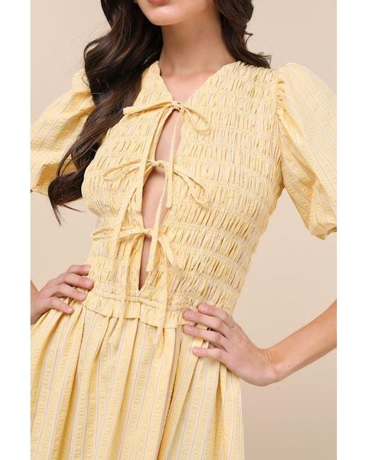 Extro & Vert Natural Sara Striped Smocked Puff Sleeve Midi Dress