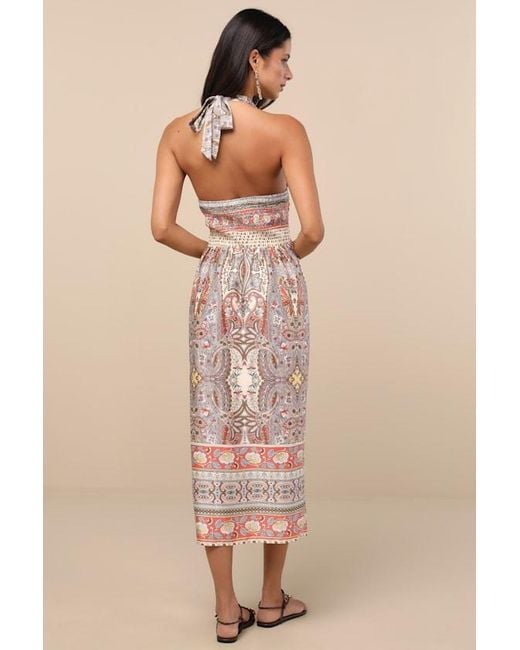 Lulus Pink Radina Paisley Print Satin Halter Midi Wrap Dress