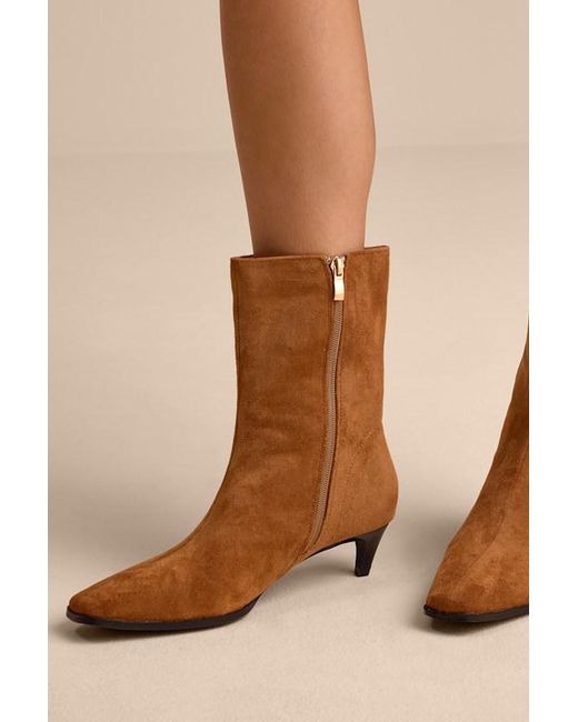 Lulus Natural Carla Cognac Suede Kitten Heel Mid-Calf Booties