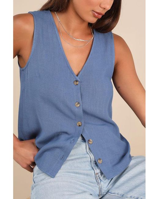 Lulus Blue Casually Sophisticated Linen Button-Front Top