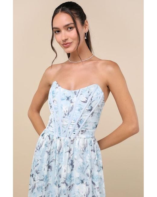 Lulus Blue Special Moment Floral Strapless Bustier Maxi Dress