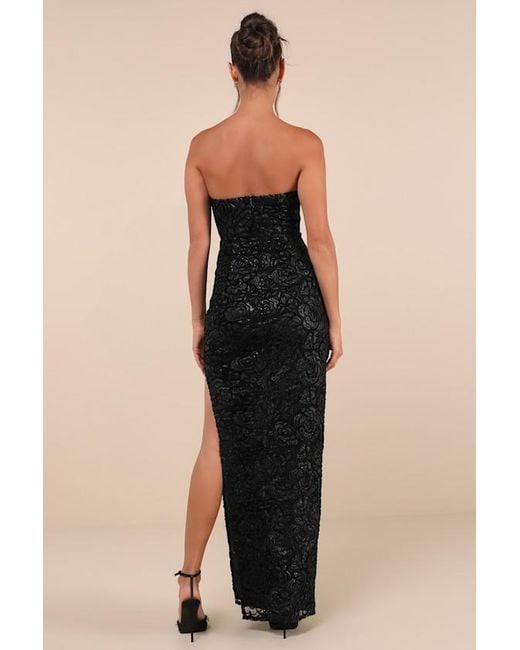 Lulus Black Stately Aura Mesh Velvet Strapless Bustier Maxi Dress