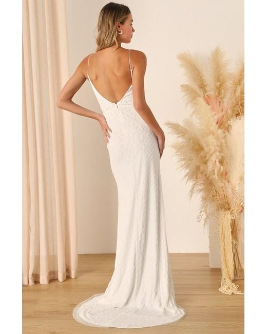 Lulus Natural Cherished Vow Beaded Backless Mermaid Maxi Dress