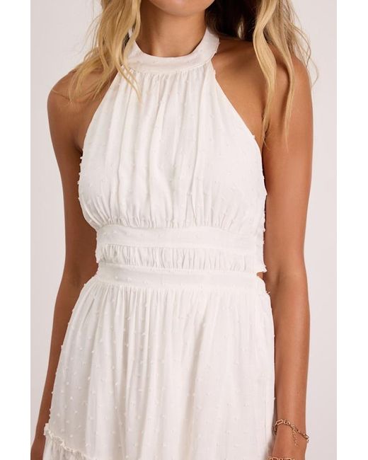 Lulus Natural Zahia Swiss Dot Ruffled Halter Mini Dress