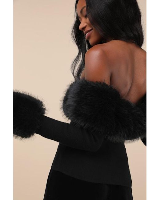 Lulus Black Absolutely Unreal Faux Fur Cropped Sweater Top