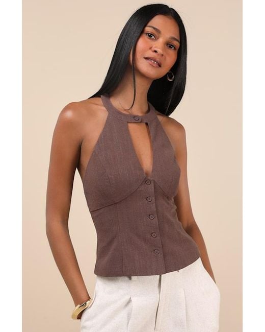Lulus Brown Pamula Halter Button-Front Top