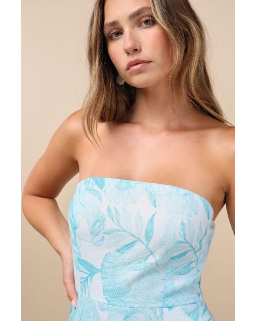 Lulus Blue Lyra Leaf Print Strapless Midi Dress