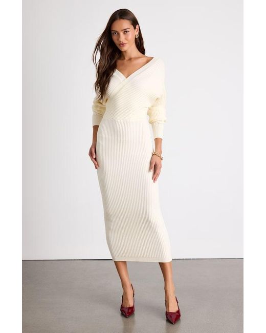 Lulus White Bixby Ribbed Surplice Bodycon Sweater Midi Dress