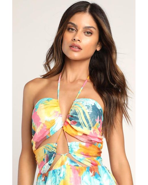 Lulus White Stunning One Multi Abstract Print Drawstring Halter Maxi Dress