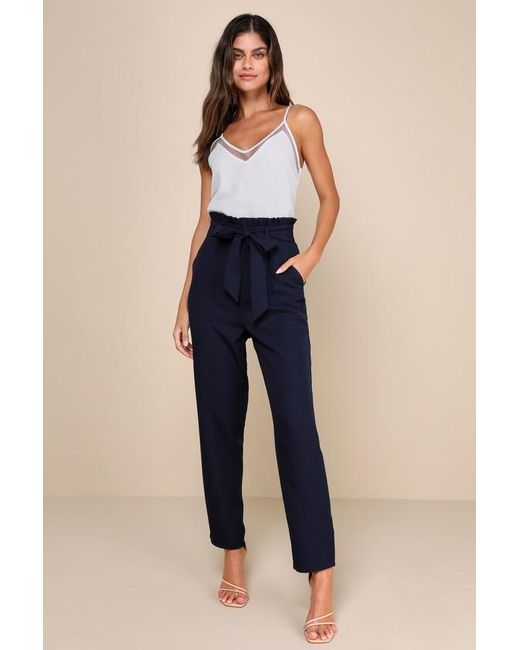 Lulus Blue Busy Babe Paperbag Waist Straight Leg Pants