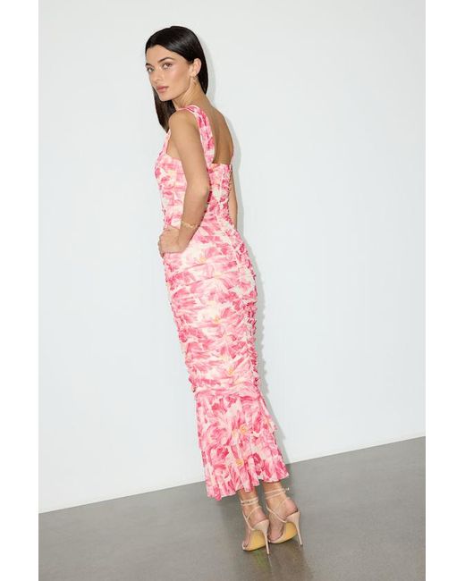 Lulus Pink Aelara Floral Mesh Ruched Trumpet Midi Dress